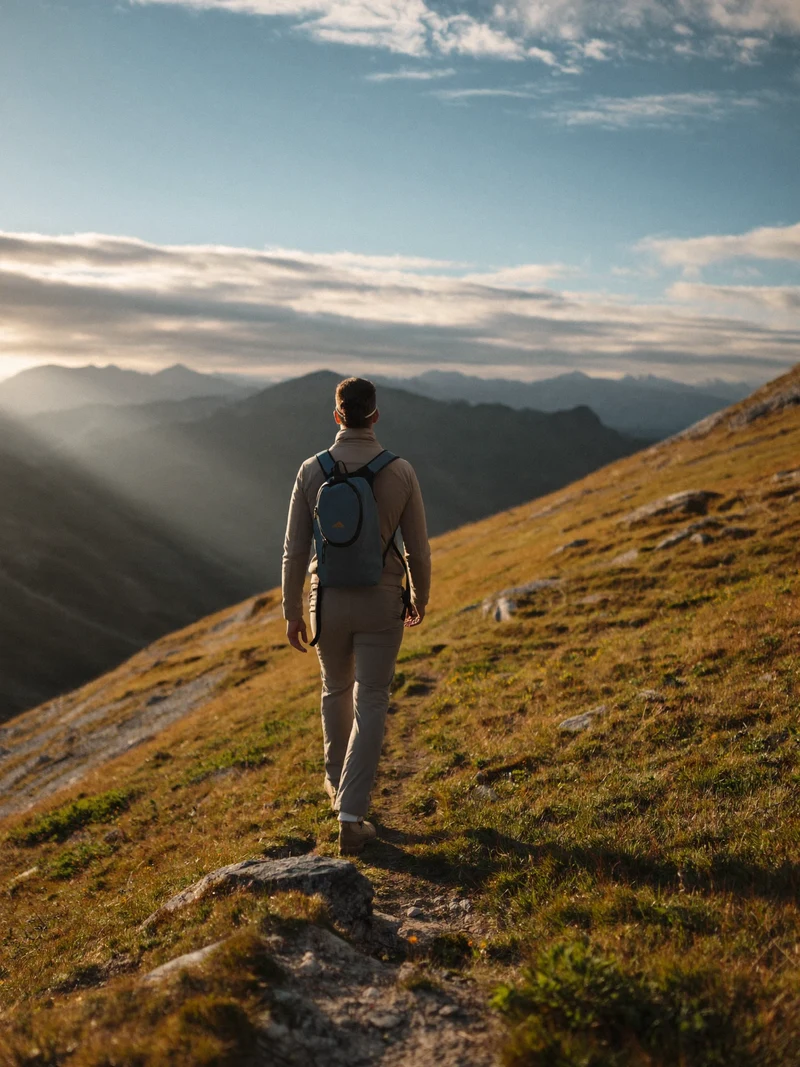Wanderer mit kleinem Tagesrucksack auf einem Alpengrat im goldenen Abendlicht, von hinten gesehen