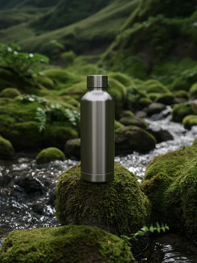 Matte Edelstahl-Trinkflasche ohne Logo auf einem bemoosten Stein am Bergbach