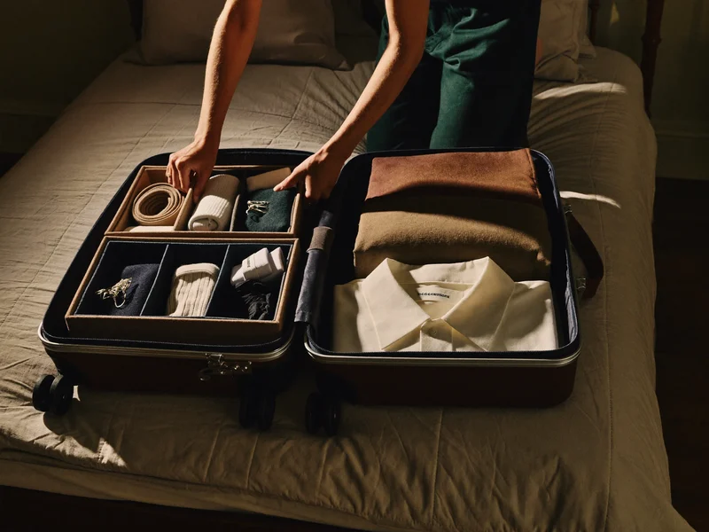 Hände packen eine Reisetasche mit gefalteter Kleidung und Canvas-Organizern auf einem Bett